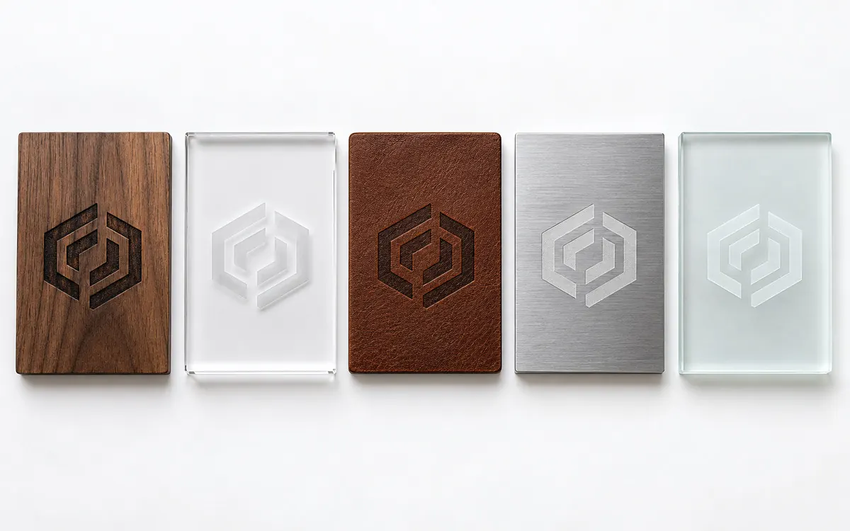 Laser engraved logo on walnut, acrylic, leather, aluminium and glass samples