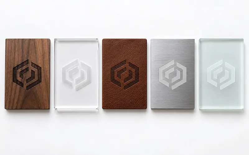 Laser engraved logo on walnut, acrylic, leather, aluminium and glass samples