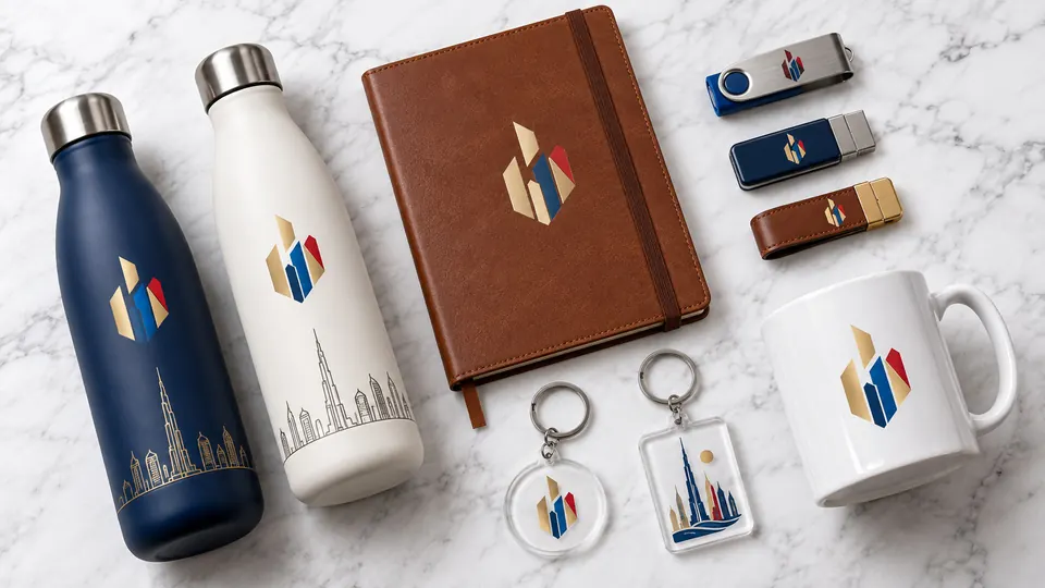 UV printed corporate gifts including branded bottles and leather notebooks