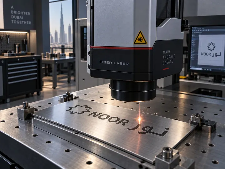 Fibre laser engraving on stainless steel nameplate with Arabic and English text