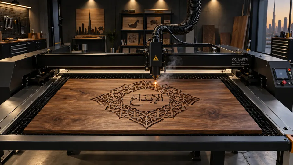 Laser engraving machine engraving precise design on wood in Dubai UAE