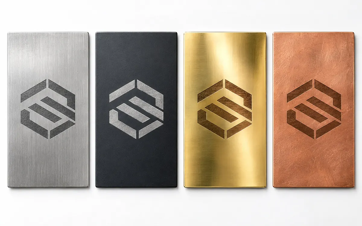Fibre laser engraving on stainless steel, black, brass and copper plates