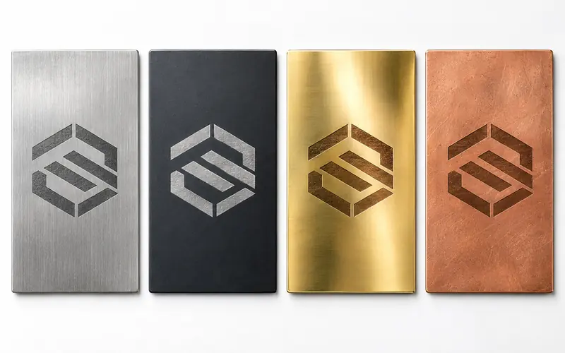 Fibre laser engraving on stainless steel, black, brass and copper plates