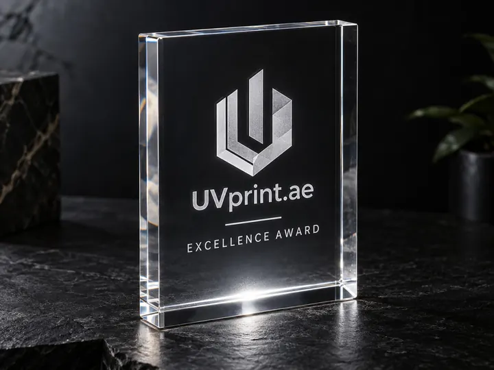 CO2 laser engraving on clear acrylic award showing frosted etched design
