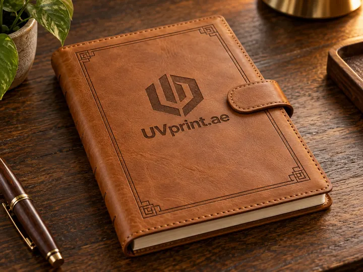 Laser engraving on brown leather notebook cover with corporate logo Dubai