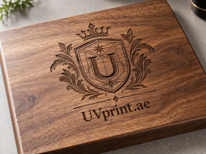 Laser engraving on walnut wood trophy plaque showing detailed company logo