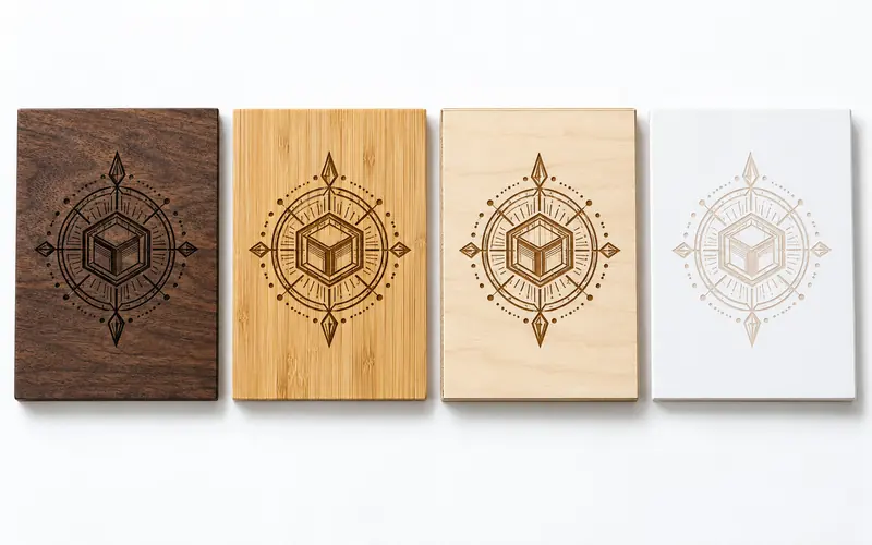 CO2 laser engraving on walnut, bamboo, oak and MDF wood samples