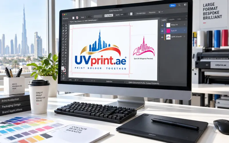 Preparing artwork files for UV flatbed printing in a Dubai print studio