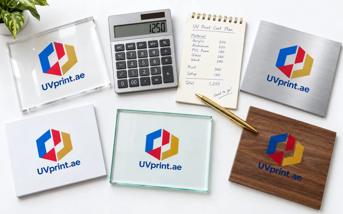 UV printing cost in Dubai on acrylic, glass, metal and wood samples