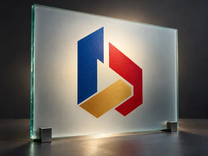 UV printing on glass panel with white ink underbase showing logo design