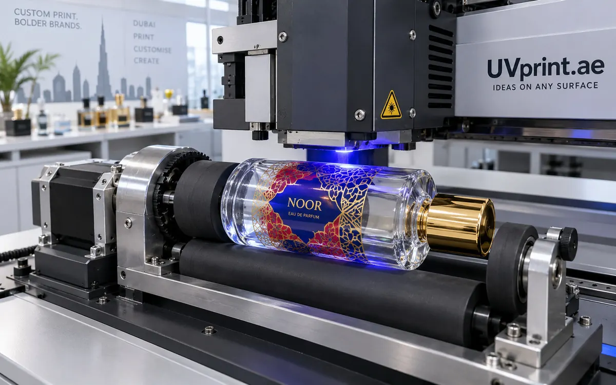 Rotary UV printing on a perfume bottle in Dubai