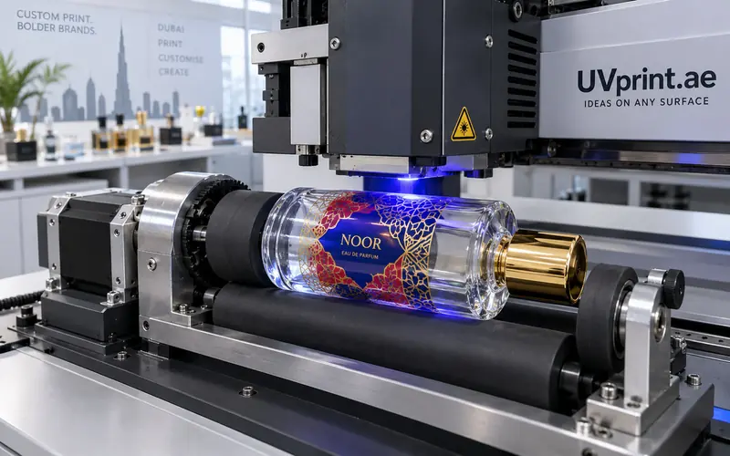 Rotary UV printing on a perfume bottle in Dubai